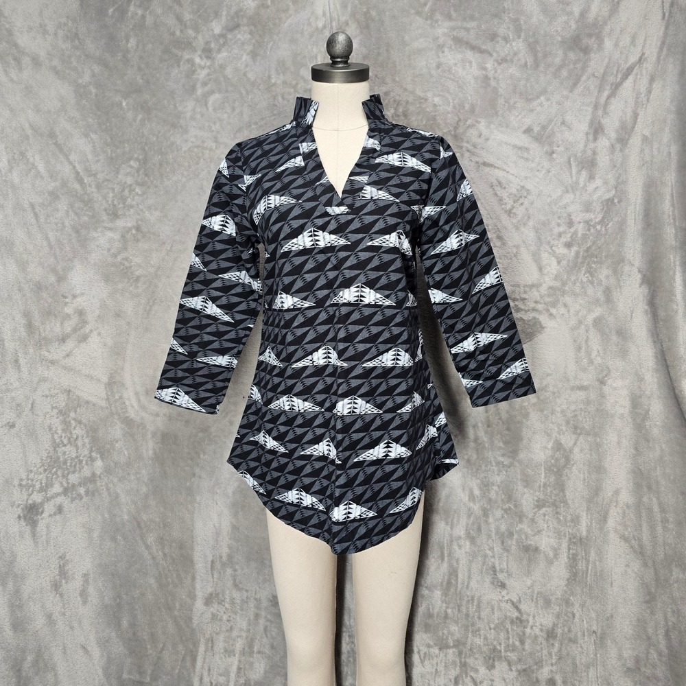 Kamohoalii Womens XS Tunic‎ Top Geometric Print Black White Linen Cotton